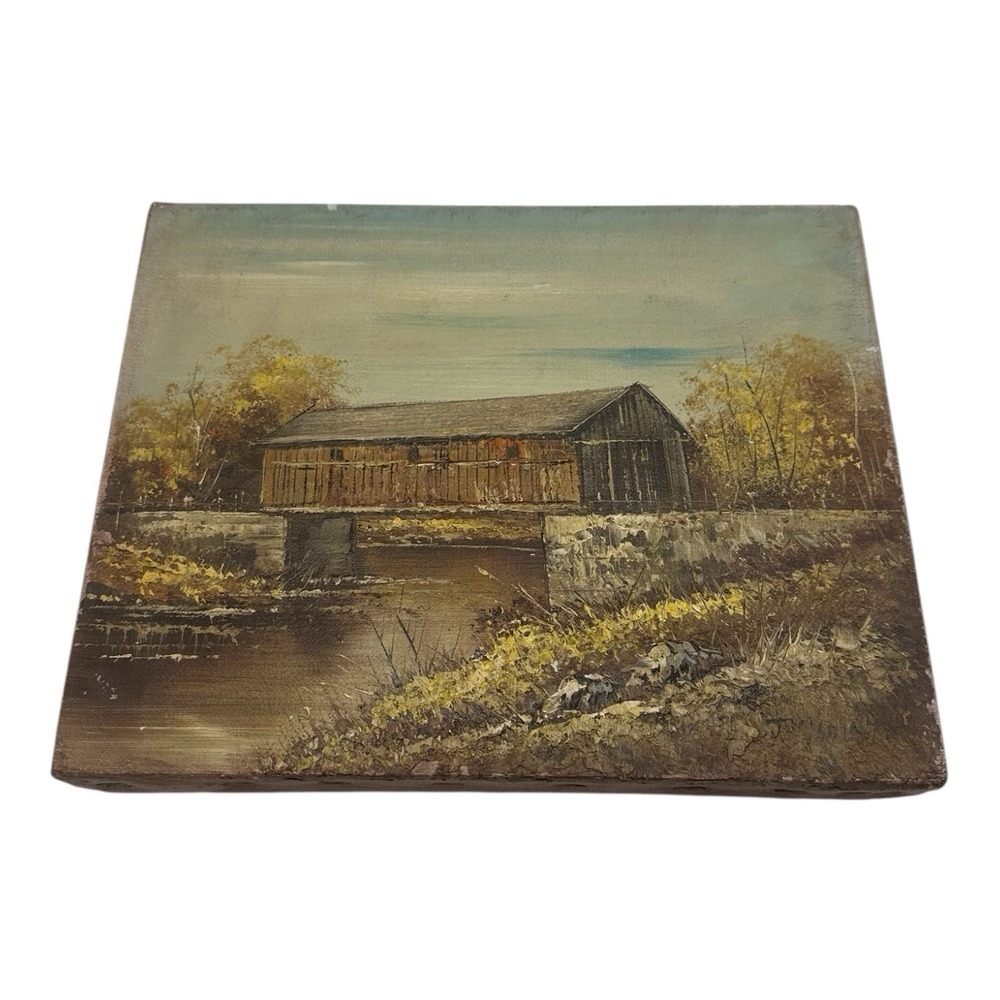 Vintage Wrapped Canvas Picture of Covered‎ Wooden Bridge Country Cottage 10"x8"